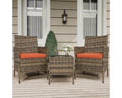 Tuinset 3-delig - Lounge Set met Rotan Fauteuils en Kussens voor 2 Personen - Balkonset met Glazen Salontafel - voor Terras en Tuin - Bruin + Oranje