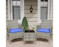Tuinset 3-delig - Lounge Set met Rotan Fauteuils en Kussens voor 2 Personen - Balkonset met Glazen Salontafel - voor Terras en Tuin - Grijs + Blauw