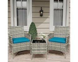 Tuinset 3-delig - Lounge Set met Rotan Fauteuils en Kussens voor 2 Personen - Balkonset met Glazen Salontafel - voor Terras en Tuin - Grijs + Blauwgroen