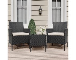 Tuinset 3-delig - Lounge Set met Rotan Fauteuils en Kussens voor 2 Personen - Balkonset met Glazen Salontafel - voor Terras en Tuin - Zwart + Beige