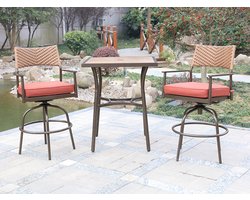 Tuinset 3 delig - Tafel met 2 barstoelen - Bruin wicker met oranje kussens