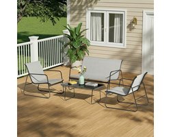Tuinset (4-delig), 4-delige zitgroep, tuinmeubelset voor buiten voor 4 personen – UV-bestendig, metalen frame, tafel met glazen blad, inclusief 1 x tweezitsbank, 2 x fauteuil, 1 x glazen tafel