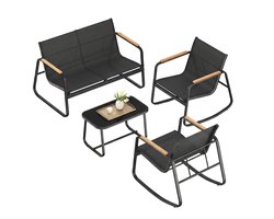 Tuinset-4-delige Gesprek Patio Meubelset met Tafel- Stalen Frame- Armleuningen -Schommelstoel Set-Geschikt voor Buitengebruik- Tuinen en Terrassen-Inkt Zwart.