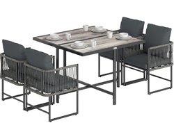 Tuinset 5-delig Polyrattan - Tuintafel met 4 Tuinstoelen en Kussens DPC Houtlook Grijs