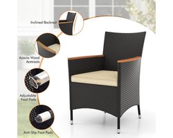 Tuinset 5-delig rotan – Bellavero luxe tuinmeubelset met 4 stoelen en tafel – balkon & terras eetset met acaciahouten tafelblad en kussens – weerbestendig zwart