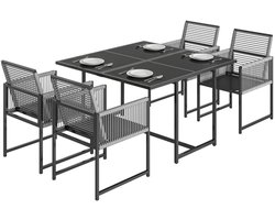 Tuinset - 5-delige Zitgroep - met 1 Glazen Tuintafel met & 4 Ademende, Opklapbare Stoelen met Touwrugleuningen- Tuinmeubelset voor 4 Personen - Tuintafelset - Tuin Eetset - Diningset - Zitset - voor Terras, Balkon, Tuin - Lichtgrijs