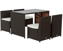 Tuinset - 5-delige Zitgroep - met 1 Tuintafel & 4 Stoelen met Kussens - Tuinmeubelset voor 4 Personen - Tuintafelset - Tuin Eetset - Diningset - Zitset van Polyrattan - Weerbestendig - Loungeset - Eethoek - voor Terras, Balkon, Tuin - Bruin + Khaki