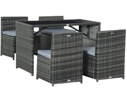 Tuinset - 5-delige Zitgroep - met 1 Tuintafel & 4 Stoelen met Kussens - Tuinmeubelset voor 4 Personen - Tuintafelset - Tuin Eetset - Diningset - Zitset van Polyrattan - Weerbestendig - Loungeset - Eethoek - voor Terras, Balkon, Tuin - Grijs