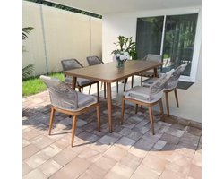 Tuinset 6 personen met tafel en stoelen – Polyrotan dining set met aluminium frame en kussens, weerbestendig – Luxe tuinmeubelset teak– Bella