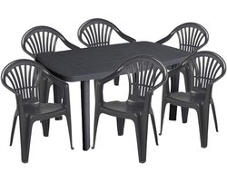 Tuinset 7-delig - Buitenmeubelen set - Buiten eten - Weerbestendig kunststof - 140x90cm tafel - Antraciet