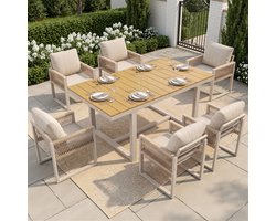 Tuinset 7-Delig - Tuintafel Met 6 Rope Stoelen - Moderne Buiten Eetset Met Afwasbaar Houtnerf Tafelblad - Weerbestendig Aluminium Frame - Inclusief Comfortabele Zitkussens - Voor Terras, Tuin of Balkon - Beige