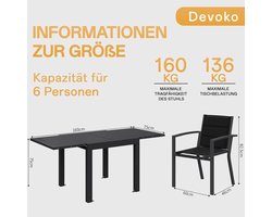 Tuinset 7-delig voor 6 Personen - Bellavero Aluminium Uittrekbare Tafel en 6 Stapelbare Tuinstoelen - Balkon, Terras & Tuinmeubelen - Modern Donkergrijs
