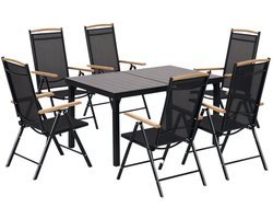 Tuinset - 7-delige Opklapbare Zitgroep - met 1 Tuintafel & 6 Stoelen met Verstelbare Rugleuning - Tuinmeubelset voor 6 Personen - Tuintafelset - Tuin Eetset - Diningset - Zitset - Weerbestendig - voor Terras, Balkon, Tuin - Zwart