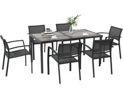 Tuinset - 7-delige Zitgroep - met 1 Tuintafel & 6 Stapelbare, Ademende Stoelen - Tuinmeubelset voor 6 Personen - Tuintafelset - Tuin Eetset - Diningset - Zitset - voor Terras, Balkon, Tuin - Grijs
