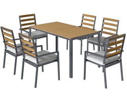 Tuinset - 7-delige Zitgroep - met 1 Tuintafel & 6 Stoelen en Kussens- Tuinmeubelset voor 6 Personen - Tuintafelset - Tuin Eetset - Diningset - Weerbestendig - voor Terras, Balkon, Tuin - Naturel Hout