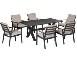 Tuinset - 7-delige Zitgroep - met 1 Tuintafel & 6 Stoelen en Kussens- Tuinmeubelset voor 6 Personen - Tuintafelset - Tuin Eetset - Diningset - Weerbestendig - voor Terras, Balkon, Tuin - Zwart + Grijs