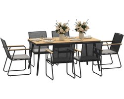 Tuinset - 7-delige Zitgroep - met 1 Tuintafel & 6 Stoelen - Tuinmeubelset voor 6 Personen - Tuintafelset - Tuin Eetset - Diningset - Zitset - voor Terras, Balkon, Tuin - Eetkamerset - Naturel Hout + Zwart