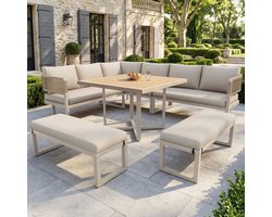 Tuinset 8-10 Personen - Grote Loungeset Met Rope-weave En Houtnerf Eettafel - Weerbestendig Metalen Frame Met Verstelbare Poten - Incl. Alle Kussens - Voor Terras, Tuin Of Balkon - Beige