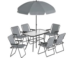 Tuinset - 8-delige Zitgroep - met 1 Parasol, 1 Glazen Tuintafel & 6 Klapstoelen - Tuinmeubelset voor 6 Personen - Tuintafelset - Tuin Eetset - Diningset - Weerbestendig - voor Terras, Balkon, Tuin - Grijs