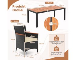 Tuinset 9-delig rotan – Bellavero luxe tuinmeubelset met 8 stoelen en grote tafel – balkon & terras eetset met acaciahouten blad en kussens – weerbestendig zwart