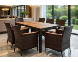Tuinset 9-Delig voor 8 Personen – Polyrotan Tuinmeubelset met Acaciahouten Tafelblad & Parasolgat, 8 Stoelen met Kussens, Luxe Eetset voor Tuin/Terras – Bruin – GardenDining Deluxe – Urbanhome