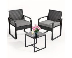 Tuinset – Balkonset – Bistroset – Loungeset – Polyriet – 3-delig – Weerbestendig Rattan – Glazen Tafelblad