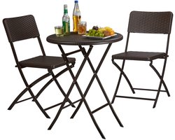 tuinset BASTIAN - 3-delig - tafel en 2 stoelen - opklapbaar - rotan look - bruin