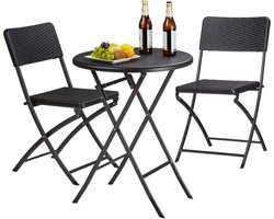tuinset BASTIAN - 3-delig - tafel en 2 stoelen - opklapbaar - rotan look - zwart