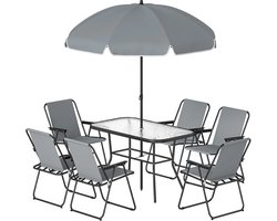 Tuinset - Bistroset - Weerbestendig - Balkonmeubelset - 8 delig - Tuintafel en 6 stoelen - 6 personen - Gecoat staal - Zwart+Grijs