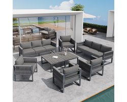 Tuinset buiten sofa 10-zits, tuinloungeset met verstelbare poten, kussens en roestvrij metalen frame voor balkon terras, grijs