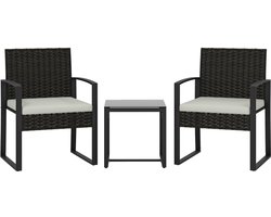 Tuinset - Driedelige casual set - Tweepersoons-Twee relaxstoelen met bijzettafel-Rotan tuintafel en stoelenset-Balkonmeubelset-Gestoffeerde, weerbestendige stoel met tuintafel - Weerbestendig PP-materiaal - Afneembaar beige-grijs kussen - Beige-grijs