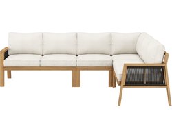 Tuinset, hoekbank + salontafel, acacia frame, acacia tafelblad, gevlochten touw handwerk, geschikt voor de tuin, natuur + crème