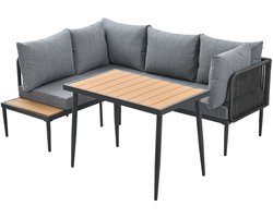 Tuinset – Hoekbank Tuinmeubel – Buitenmeubel – Terrasset – Verzonken Stalen Frame – Kunststof-Houten Tafelblad – Handgeweven Touwen