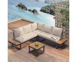 Tuinset, hoekpositie met verstelbare hoekligfunctie (5 standen verstelbaar, tot 55°), gegalvaniseerde stalen buis, kunststof blad met teakhouten nerf, met salontafel, beige + grijs