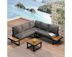 Tuinset, hoekpositie met verstelbare hoekligfunctie (5 standen verstelbaar, tot 55°), gegalvaniseerde stalen buis, kunststof blad met teakhouten nerf, met salontafel, grijs+zwart