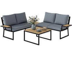 Tuinset L-vormige - Loungeset met 2 2-Zitsbank, 2 Stapelbare Bijzettafels, Salontafel & Kussens - Tuinmeubelset voor 4 Personen - Tuinbank - Zitset - Tuinsalon - Zitgroep - voor Terras, Balkon, Tuin - Teakhout