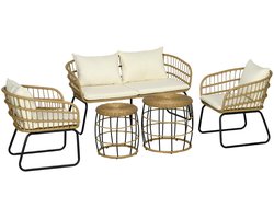 Tuinset – Loungeset – Buitenmeubelset – Garden Set – Beige – 5-delig Met 2 Fauteuils En 2 Bijzettafels – Comfortabele Kussens Met Polyester Hoezen – Weerbestendig Met Metalen Frame