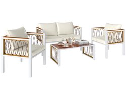 Tuinset - Loungeset met 2-Zitsbank, 2 Fauteuils, Glazen Salontafel & Kussens - Tuinmeubelset voor 4 Personen - Tuinbank - Zitset - Tuinsalon voor 4 Personen - Polyrattan - Zitgroep - voor Terras, Balkon, Tuin - Crèmewit + Wit + Bruin