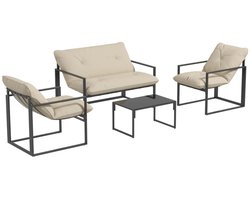 Tuinset - Loungeset met 2-Zitsbank, 2 Fauteuils, Glazen Salontafel & Kussens - Tuinmeubelset voor 4 Personen - Tuinbank - Zitset - Tuinsalon voor 4 Personen - Zitgroep - Weerbestendig - voor Terras, Balkon, Tuin - Grijs + Beige