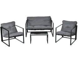 Tuinset - Loungeset met 2-Zitsbank, 2 Fauteuils, Glazen Salontafel & Kussens - Tuinmeubelset voor 4 Personen - Tuinbank - Zitset - Tuinsalon voor 4 Personen - Zitgroep - Weerbestendig - voor Terras, Balkon, Tuin - Grijs + Zwart