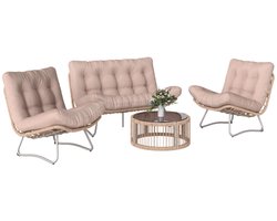 Tuinset - Loungeset met 2-Zitsbank, 2 Fauteuils, Glazen Salontafel & Kussens - Tuinmeubelset voor 4 Personen - Tuinbank - Zitset - Tuinsalon - Zitgroep - Polyrattan - voor Terras, Balkon, Tuin - Natuurlijk Hout + Bruin
