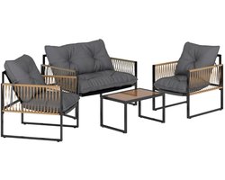 Tuinset - Loungeset met 2-Zitsbank, 2 Fauteuils, Salontafel met Glazen Blad & Kussens - Tuinmeubelset voor 4 Personen - Tuinbank - Zitset - Tuinsalon - Zitgroep - Polyrattan - voor Terras, Balkon, Tuin - Antraciet