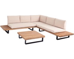Tuinset MCW-H54, zitgroep, loungeset, gesponnen polyacaciahout, MVG-aluminium ~ lichtbruin, bekleding beige