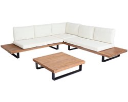 Tuinset MCW-H54, zitgroep, loungeset, gesponnen polyacaciahout, MVG-aluminium ~ lichtbruin, kussens crèmewit