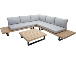 Tuinset MCW-H54, zitgroep, loungeset, Spun Poly acaciahout, MVG aluminium ~ lichtbruin, kussens lichtgrijs