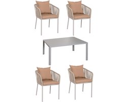 Tuinset MCW-N41, tafel + 4 stoelen, weerbestendig aluminium 140 x 80 cm, touwvlechtwerk ~ grijs Kussens taupe