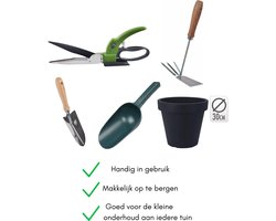 Tuinset met accessoires Draaibare Grasschaar, Handhark & Collection Multischelp + Bloempot Recycled 30 cm