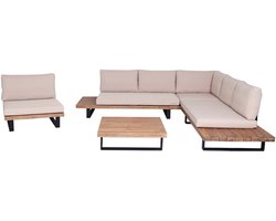 Tuinset met fauteuil MCW-H54, loungeset met bank, gesponnen polyacaciahout, MVG-aluminium ~ lichtbruin, bekleding beige