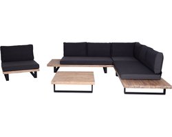 Tuinset met fauteuil MCW-H54, loungeset met bank, Spun Poly-acaciahout, MVG-aluminium ~ lichtbruin, bekleding donkergrijs