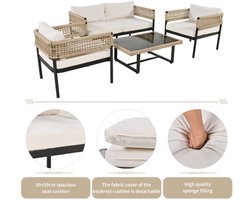 Tuinset met gegalvaniseerd ijzeren frame, tuinmeubelset van touw, beige touw, verstelbare poten, glad glazen tafelblad, set van 4, inclusief alle zit- en rugkussens